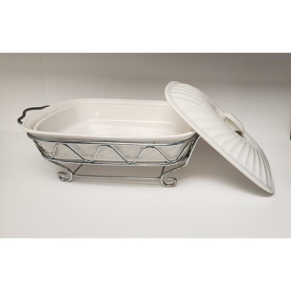 Godinger Rare Vintage 2 Quart Rectangular Covered Porcelain Baker W/Serving Rack - Picture 2 of 9